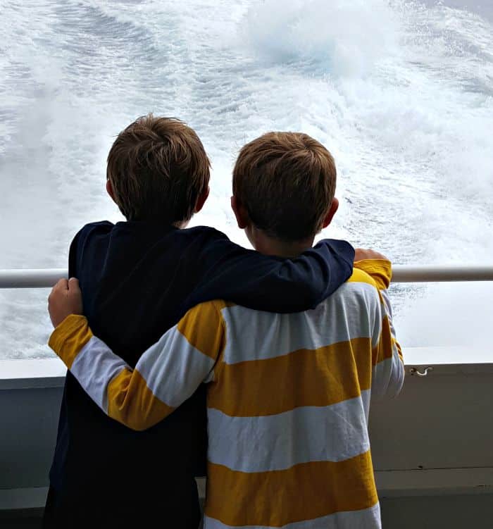 Boys on the catamaran to Catalina Island
