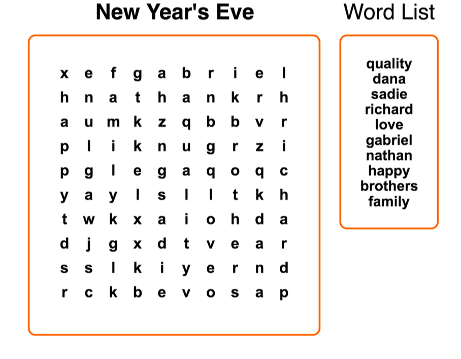 New Year's Eve Fun with Kids Word Search