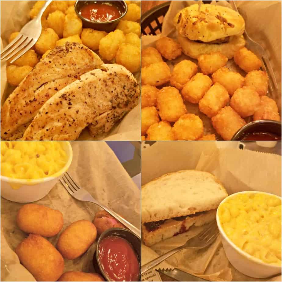 Clockwise from top left: Grilled Chicken Tender | Slider | PB & Homemade Jam | Corn Dogs